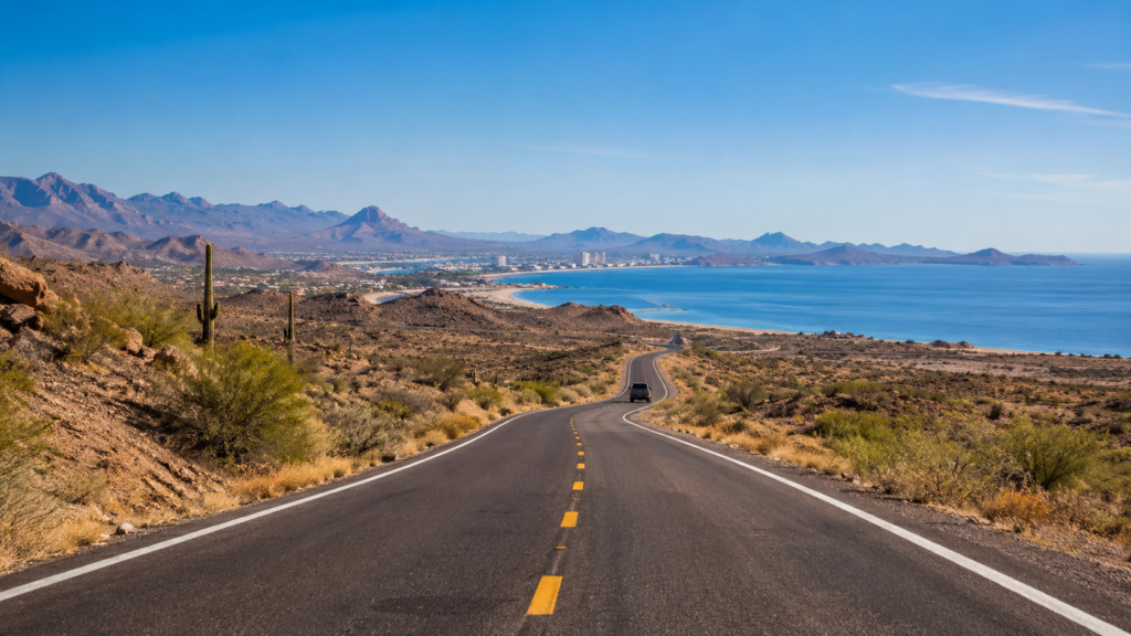 Desert road toward Rocky Point from Arizona with the Sea of Cortez in the distance