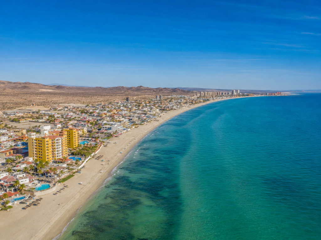 Sandy Beach coastline in Puerto Peñasco with resorts along the Sea of Cortez