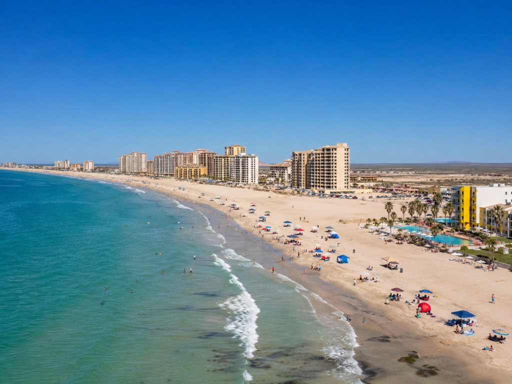 Sandy Beach in Puerto Peñasco with beachfront resorts and the Sea of Cortez