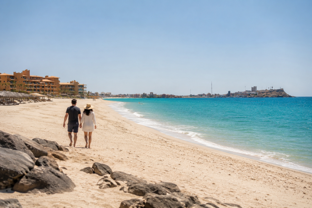 Visitors walking along the beach in Rocky Point during a weekend trip
