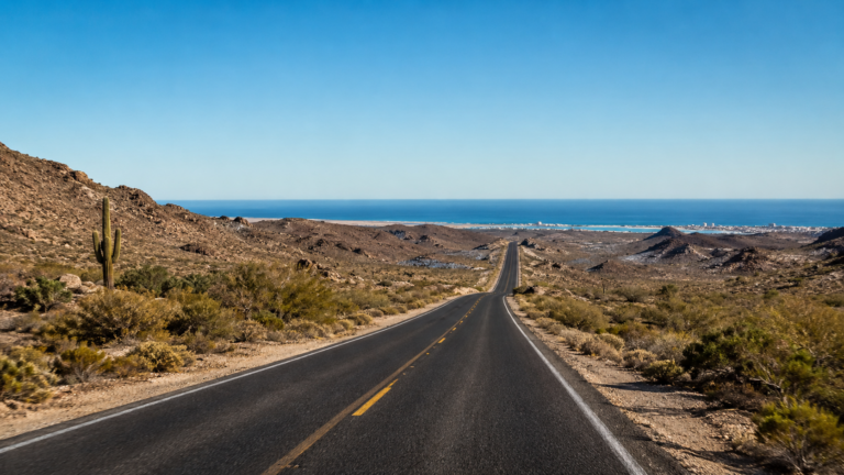 driving to Rocky Point from Arizona desert road to Puerto Peñasco
